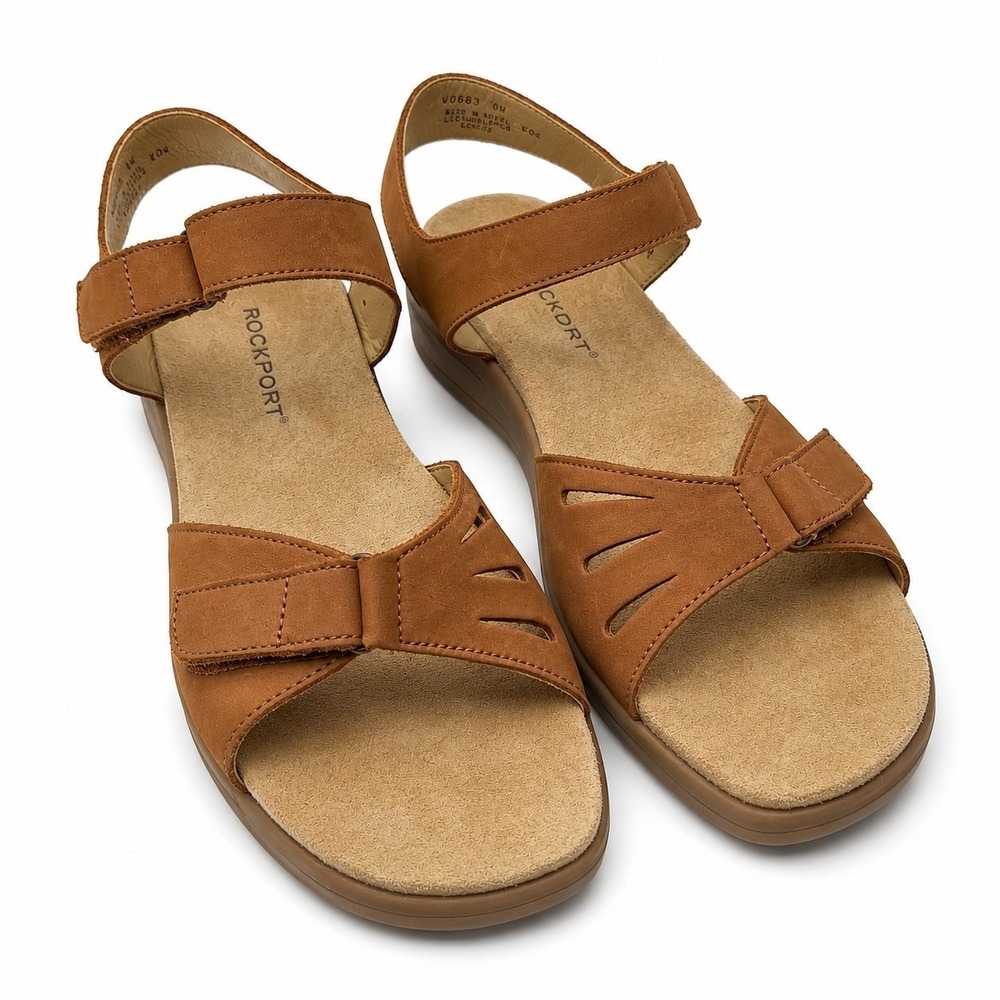 ROCKPORT Comfort Leather Sandal Sz 9W Brown Adjustable Straps Die Cut Design EUC